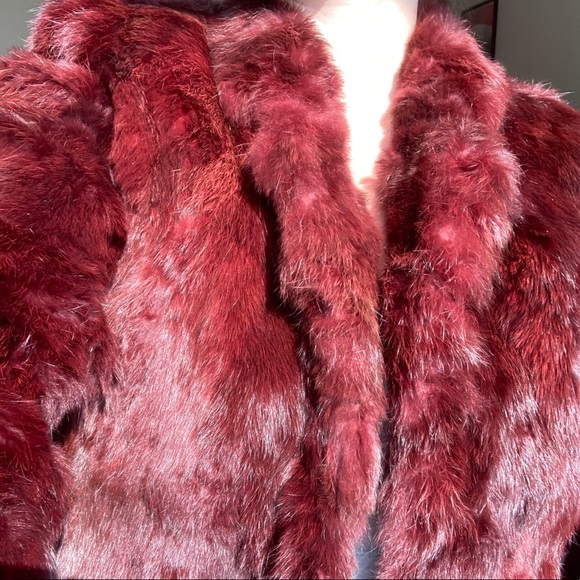 Vintage REAL RABBIT FUR Coat Jacket Maroon Red - Picture 9 of 13